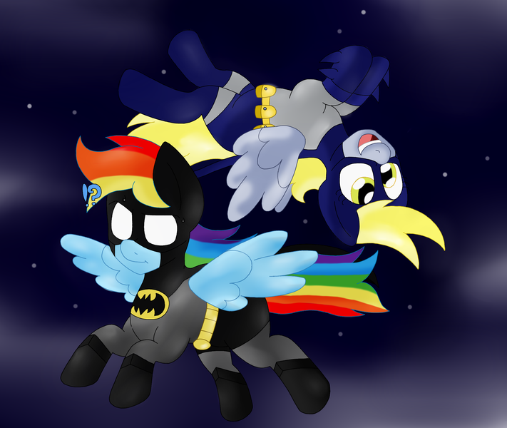 Size: 2250x1900 | Tagged: safe, artist:blackbewhite2k7, derpibooru import, derpy hooves, rainbow dash, pegasus, pony, batman, batzarro, crossover, female, mare, parody, textless