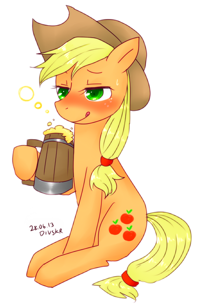 Size: 457x686 | Tagged: safe, artist:divided-s, derpibooru import, applejack, cider, drunk, drunk aj, simple background, sitting, solo, tongue out