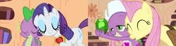 Size: 2560x680 | Tagged: safe, derpibooru import, screencap, fluttershy, rarity, spike, dragon, pegasus, pony, unicorn, just for sidekicks, secret of my excess, apron, bag, clothes, emerald, eyes closed, female, fire ruby, gem, golden oaks library, male, mare, naked apron, nuzzling, ruby, saddle bag, shipping fuel, spikelove, swag