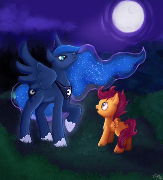 Size: 1200x1324 | Tagged: artist:trefleix, derpibooru import, moon, princess luna, safe, scootaloo