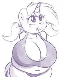 Size: 553x678 | Tagged: suggestive, artist:sb, derpibooru import, snips, anthro, unicorn, belly button, big breasts, breasts, bucktooth, busty sugar, chubby, cleavage, fat, female, huge breasts, impossibly large breasts, muffin top, rule 63, sketch, solo, solo female, sugar