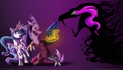 Size: 1280x725 | Tagged: safe, artist:inuhoshi-to-darkpen, derpibooru import, discord, king sombra, princess celestia, alicorn, draconequus, pony, snake, umbrum, apep, egyptian mythology, ethereal mane, female, magic, male, mare, monster, purple background, ra, ra celestia, set (god), shadow creature, simple background, sombra eyes, sun god, trio