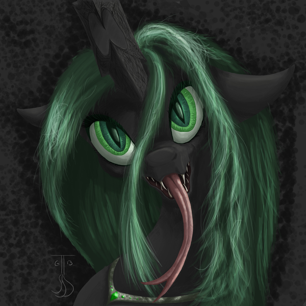 Size: 1024x1024 | Tagged: safe, artist:tattertailart, derpibooru import, queen chrysalis, kitchen eyes, looking at you, portrait, solo, tongue out