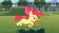 Size: 640x360 | Tagged: apple bloom, apple family reunion, babs seed, derpibooru import, dialogue, duo, duo female, edit, edited screencap, female, image macro, rope, running, safe, screencap