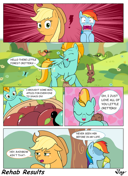 Size: 1200x1650 | Tagged: animal, applejack, artist:tikyotheenigma, comic, derpibooru import, lightning dust, rainbow dash, rehab, safe