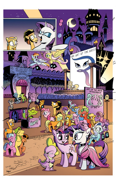 Size: 800x1236 | Tagged: safe, artist:andypriceart, artist:angieness, derpibooru import, idw, applejack, flax seed, fluttershy, observer (character), pinkie pie, rainbow dash, rarity, spike, tempeh, tofu, twilight sparkle, unnamed pony, wheat grass, oc, oc:taralicious, dragon, earth pony, pegasus, pony, unicorn, spoiler:comic, spoiler:comicm03, art of the dress, background pony, canterlot, clean, clothes, comic, dress, eyes closed, female, flax seed looks at stuff, flying, horseshoe theater, jealous, male, mare, moon, mouth hold, night, rarity logo, stallion, tara strong, unicorn twilight