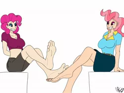 Size: 2048x1536 | Tagged: artist:bronypanda, barefoot, breasts, busty cup cake, busty pinkie pie, cup cake, derpibooru import, feet, female, foot fetish, footsie, humanized, lesbian, nail polish, pinkie pie, suggestive