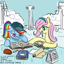 Size: 1000x1000 | Tagged: 30 minute art challenge, artist:king-kakapo, book, braces, cloudsdale, derpibooru import, fluttershy, ponytail, rainbow dash, reading, safe, studying, table, teenager, younger