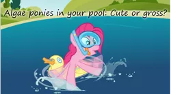 Size: 800x441 | Tagged: safe, derpibooru import, edit, edited screencap, screencap, pinkie pie, duck, earth pony, pony, too many pinkie pies, female, goggles, inner tube, insane pony thread, mare, snorkel, solo, splash, swimming, swimming goggles, tumblr, water, wet mane