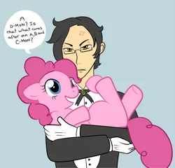 Size: 700x671 | Tagged: artist:technicolor pie, claude faustus, crossover, derpibooru import, human, kuroshitsuji, kuroshitsuji ii, pinkie pie, safe, speech bubble