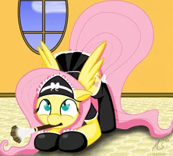 Size: 1000x903 | Tagged: artist:ciscoql, clothes, costume, derpibooru import, duster, fluttermaid, fluttershy, maid, mouth hold, safe, solo, stockings