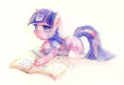 Size: 721x496 | Tagged: safe, artist:imoes, derpibooru import, twilight sparkle, book, pixiv, solo, traditional art, watercolor painting