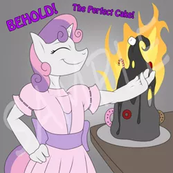 Size: 1000x1000 | Tagged: safe, artist:lil miss jay, derpibooru import, sweetie belle, anthro, cake, fire, lethal chef, pyro belle, solo, sweetie fail, sweetiedumb