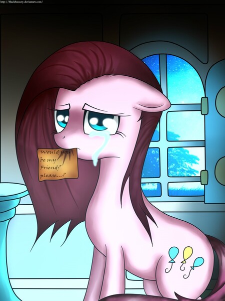 Size: 960x1280 | Tagged: safe, artist:blackbasscry, derpibooru import, pinkie pie, earth pony, pony, crying, lonely, mouth hold, note, pinkamena diane pie, sad, solo