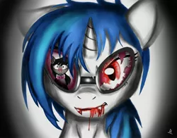 Size: 2800x2200 | Tagged: semi-grimdark, artist:whitepone, derpibooru import, octavia melody, vinyl scratch, pony, unicorn, vampire, vampony, fanfic, blood, blushing, bowtie, broken, broken glasses, fanfic art, fangs, female, glasses, hooves, horn, kitchen eyes, mare, red eyes, reflection, scared, smiling, solo focus, sunglasses, vinyl the vampire