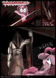 Size: 763x1047 | Tagged: artist:helenasherzblut, comic, derpibooru import, fanfic:silent ponyville, grimdark, konami, lost memories, pinkie pie, pyramid head, silent hill