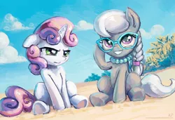 Size: 1900x1300 | Tagged: safe, artist:kp-shadowsquirrel, derpibooru import, silver spoon, sweetie belle, earth pony, pony, unicorn, beach, cloud, female, filly, glasses, jewelry, necklace, pearl necklace, sand, sitting, sky, smiling