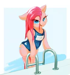 Size: 1673x1801 | Tagged: artist:masak9, ask school swimsuit pinkie pie, clothes, derpibooru import, female, miss piggy, one-piece swimsuit, pinkie pie, solo, solo female, suggestive, swimsuit, the muppets, wet hair, wet mane