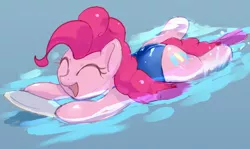 Size: 1358x810 | Tagged: safe, artist:masak9, derpibooru import, pinkie pie, earth pony, pony, ask school swimsuit pinkie pie, clothes, female, mare, one-piece swimsuit, open mouth, pixiv, school swimsuit, smiling, solo, sukumizu, swimming, swimming pool, swimsuit