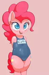 Size: 1024x1572 | Tagged: safe, artist:masak9, derpibooru import, pinkie pie, pony, ask school swimsuit pinkie pie, bipedal, blush sticker, blushing, clothes, colored pupils, cute, diapinkes, japanese, one-piece swimsuit, open mouth, pixiv, school swimsuit, simple background, smiling, solo, sukumizu, swimsuit