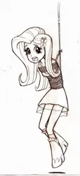 Size: 686x1500 | Tagged: safe, artist:anime-gagged, derpibooru import, fluttershy, equestria girls, bondage, breast bondage, breasts, female, monochrome, rope, solo, suspended, traditional art