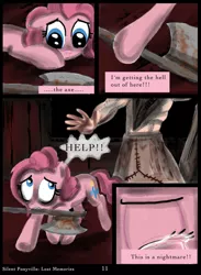 Size: 766x1044 | Tagged: artist:helenasherzblut, axe, comic, derpibooru import, fanfic:silent ponyville, grimdark, lost memories, pinkie pie, pyramid head