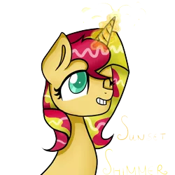 Size: 900x900 | Tagged: safe, artist:windbeauty, derpibooru import, sunset shimmer, pony, bust, colored pupils, grin, magic, one eye closed, simple background, solo, transparent background, wink