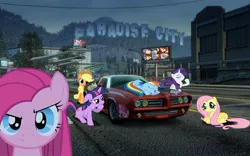 Size: 900x563 | Tagged: safe, derpibooru import, edit, applejack, fluttershy, pinkie pie, rainbow dash, rarity, twilight sparkle, burnout, burnout paradise, car, crossover, pinkamena diane pie, race, video game