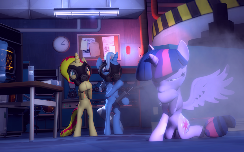 Size: 1680x1050 | Tagged: safe, artist:commanderjackshit, derpibooru import, sunset shimmer, trixie, twilight sparkle, twilight sparkle (alicorn), alicorn, pony, 3d, counterparts, female, gas mask, gmod, magical trio, mare, twilight's counterparts