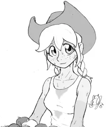 Size: 1251x1500 | Tagged: safe, artist:dj-black-n-white, derpibooru import, oc, oc:cinnamon cider, unofficial characters only, satyr, apple, clothes, freckles, hat, monochrome, parent:applejack, pigtails, solo, sweat, tanktop, tan lines