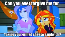 Size: 1414x813 | Tagged: safe, derpibooru import, edit, edited screencap, screencap, princess luna, sunset shimmer, equestria girls, equestria girls (movie), caption, cute, glorious grilled cheese, grilled cheese, image macro, puppy dog eyes, sandwich, shimmerbetes, vice principal luna