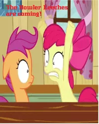 Size: 952x1184 | Tagged: angry beavers, apple bloom, clubhouse, cropped, crusaders clubhouse, derpibooru import, duo, edit, edited screencap, floppy ears, hearts and hooves day, hearts and hooves day (episode), parody, safe, scootaloo, screencap, wrong aspect ratio