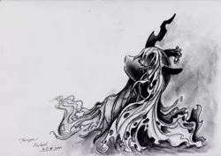 Size: 3504x2484 | Tagged: safe, artist:kapiicefruit, derpibooru import, queen chrysalis, monochrome, solo, traditional art