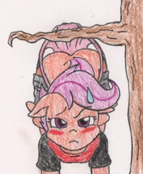 Size: 325x394 | Tagged: artist:raijinsenshi, blushing, clothes, female, hanging, hanging wedgie, humiliation, panties, panty pull, pink underwear, scootaloo, solo, solo female, suggestive, suspended, traditional art, tree, underwear, wedgie