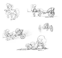 Size: 1100x1042 | Tagged: safe, artist:baron engel, derpibooru import, oc, oc:carousel, unofficial characters only, earth pony, pony, britchen, gardening, grayscale, monochrome, pencil drawing, plow, traditional art