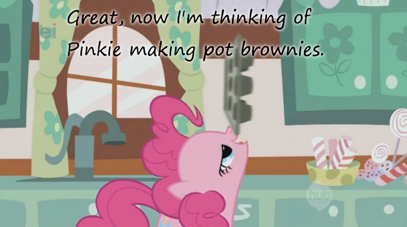 Size: 800x447 | Tagged: baking, balancing, brownies, call of the cutie, derpibooru import, drugs, edit, edited screencap, hub logo, insane pony thread, lidded eyes, marijuana, pinkie high, pinkie pie, ponies balancing stuff on their nose, screencap, solo, stoned, stoner, suggestive, tumblr