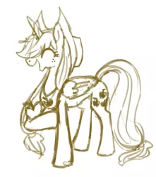 Size: 1280x1451 | Tagged: safe, artist:sion, derpibooru import, applejack, alicorn, pony, alicornified, apple, applecorn, eyes closed, monochrome, race swap, solo