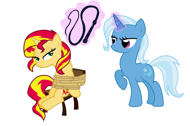 Size: 3000x2000 | Tagged: suggestive, artist:luuandherdraws, derpibooru import, sunset shimmer, trixie, pony, unicorn, bondage, chair, female, lesbian, magic, restrained, rope, shipping, suntrix, telekinesis, whip