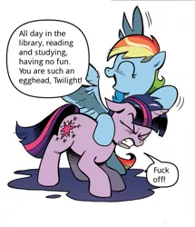 Size: 459x533 | Tagged: safe, derpibooru import, edit, idw, rainbow dash, twilight sparkle, spoiler:comic, spoiler:comic04, teasing, vulgar