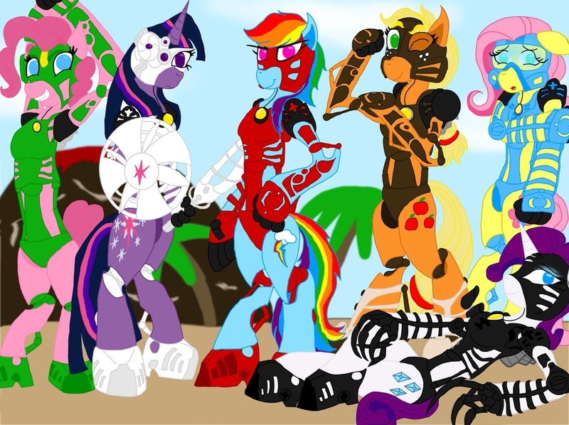 Size: 1024x766 | Tagged: applejack, artist:erenerakhard, bionicle, crossover, derpibooru import, fluttershy, gali, kopaka, lego, lewa, onua, pinkie pie, pohatu, rainbow dash, rarity, safe, tahu, toafied, twilight sparkle