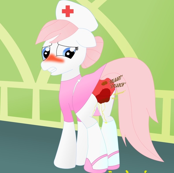 Size: 1280x1275 | Tagged: questionable, artist:likesowet100, derpibooru import, nurse redheart, pony, accident, blushing, clothes, fart, fart noise, female, panties, pantypoop, pissing, pissing on self, poop, red underwear, scat, soiling, solo, solo female, underwear, urine, watersports, wetting
