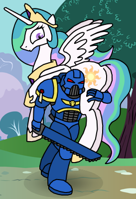 Size: 273x399 | Tagged: safe, artist:tomgrakk, derpibooru import, princess celestia, alicorn, human, pony, :o, armor, carrying, chainsword, crossover, duo, ethereal mane, female, male, mare, plot, power armor, powered exoskeleton, space marine, spread wings, surprised, ultramarine, ultrasmurf, warhammer (game), warhammer 40k, weapon, wide eyes