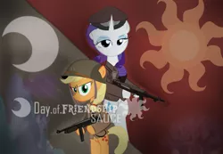 Size: 1024x709 | Tagged: applejack, day of defeat, derpibooru import, gun, mp40, rarity, safe, soldier, submachinegun, tommy gun, war, weapon, world war ii