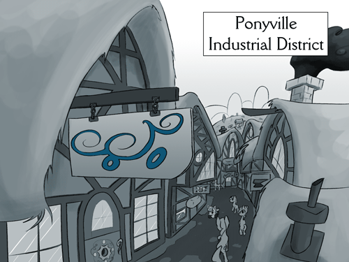 Size: 500x375 | Tagged: artist:rainbowvan45, background pony, chimney, derpibooru import, house, monochrome, oc, oc:wheely bopper, original species, ponyville, safe, sign, smoke, unofficial characters only