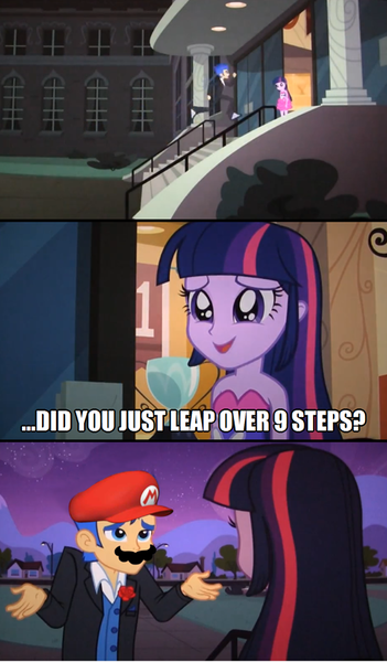 Size: 561x960 | Tagged: safe, derpibooru import, edit, edited screencap, screencap, flash sentry, twilight sparkle, equestria girls, equestria girls (movie), cap, comic, exploitable meme, female, flash sentry savior of the universe, flashlight, hat, image macro, male, mario, mario's hat, meme, moustache, screencap comic, shipping, straight, super mario bros.