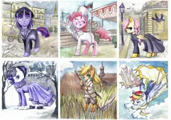 Size: 2512x1772 | Tagged: anna karenina, applejack, artist:paulina-ap, clothes, crime and punishment, crossover, derpibooru import, fluttershy, mane six, pinkie pie, rainbow dash, rarity, russia, russian, russian empire, russian literature, safe, shout out, snow, snowfall, traditional art, twilight sparkle