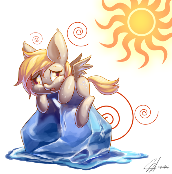 Size: 3528x3565 | Tagged: safe, artist:jggjqm522, derpibooru import, derpy hooves, pegasus, pony, chibi, female, hot, ice, mare, solo, sun, sweat