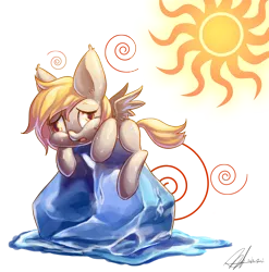 Size: 3528x3565 | Tagged: safe, artist:jggjqm522, derpibooru import, derpy hooves, pegasus, pony, chibi, female, hot, ice, mare, solo, sun, sweat