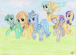 Size: 787x571 | Tagged: safe, artist:rarityforever, derpibooru import, applejack, bon bon, carrot top, derpy hooves, fluttershy, golden harvest, lyra heartstrings, pinkie pie, rainbow dash, rarity, sunshower raindrops, sweetie drops, trixie, twilight sparkle, alicorn, pony, alicornified, alternate universe, background six, elements of harmony, luna six, lunaverse, mane six, race swap, traditional art, trixiecorn