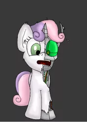 Size: 664x932 | Tagged: safe, artist:deoix, derpibooru import, sweetie belle, pony, robot, unicorn, cute, diasweetes, endoskeleton, female, filly, foal, gray background, hooves, horn, open mouth, robot gore, simple background, solo, sweetie bot, teeth